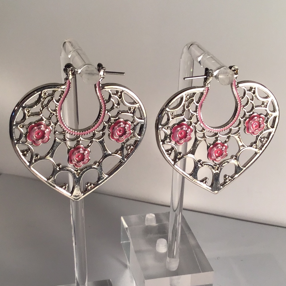 Katheryn Kent Open Scroll Hoop Earrings Embellished With Decorative Pink Roses